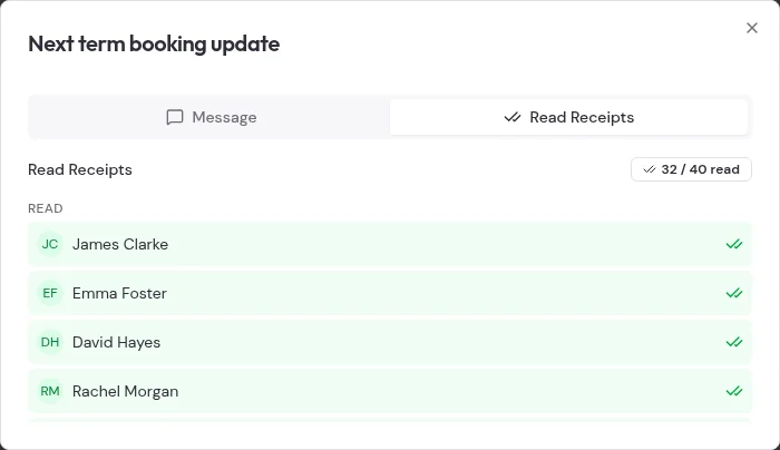 Real sample-school message detail with recipient delivery and read status