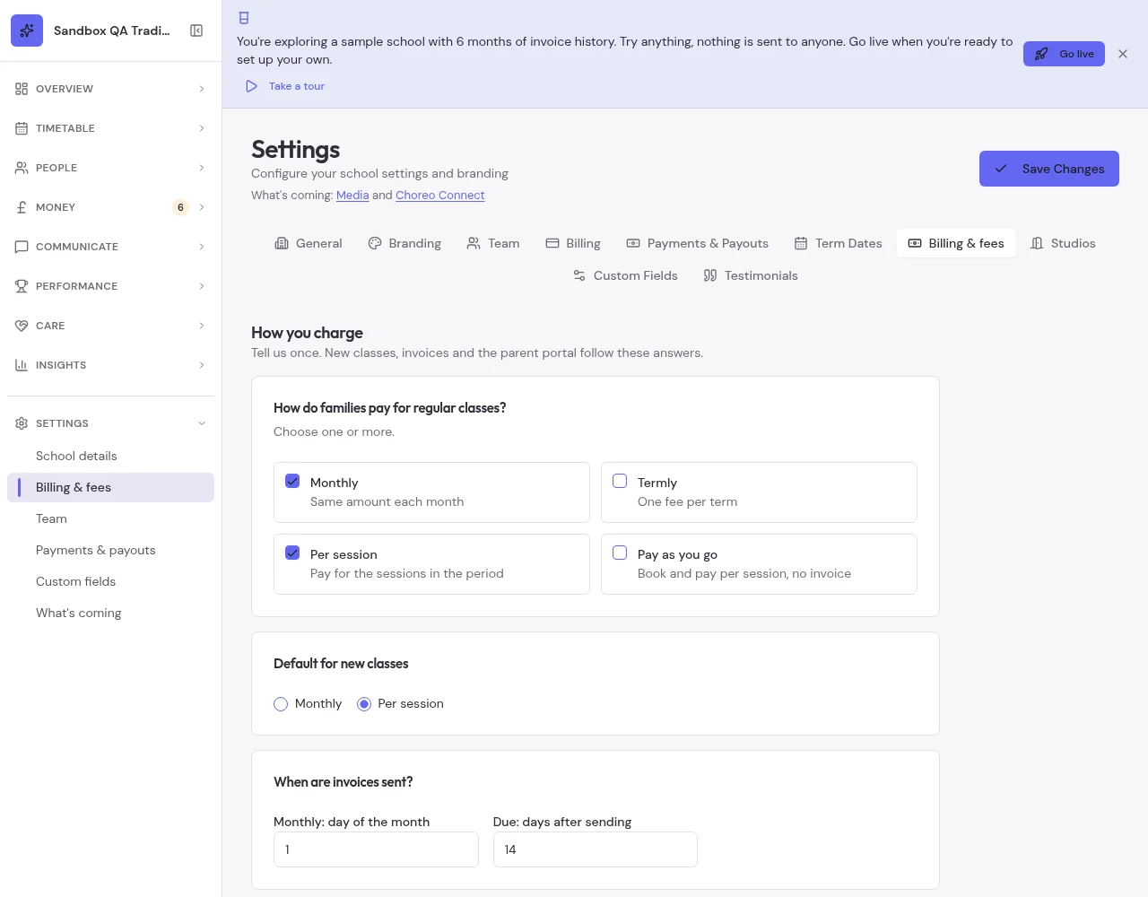 How you charge settings with monthly, termly, per-session and pay-as-you-go choices
