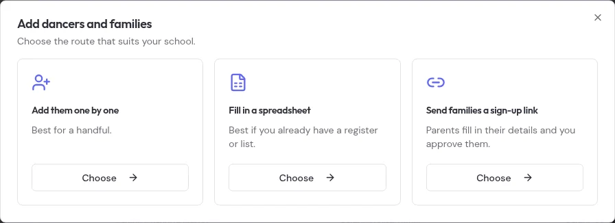 Three real app choices to add dancers manually, by spreadsheet or family link