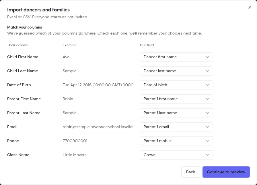 ClassForKids import columns matched to dancer and parent fields