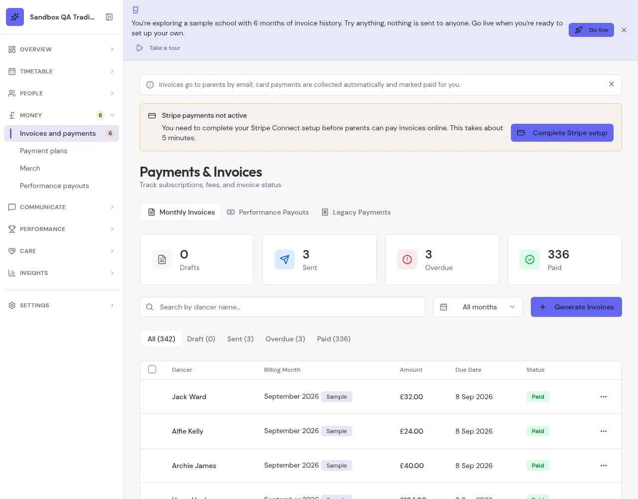 Sample invoices showing paid statuses, amounts and billing months