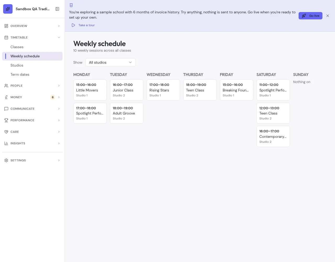 Sample-school weekly schedule in the updated staff workspace