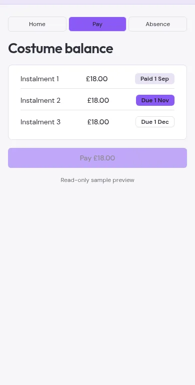 Sample parent portal paying a costume instalment from a phone