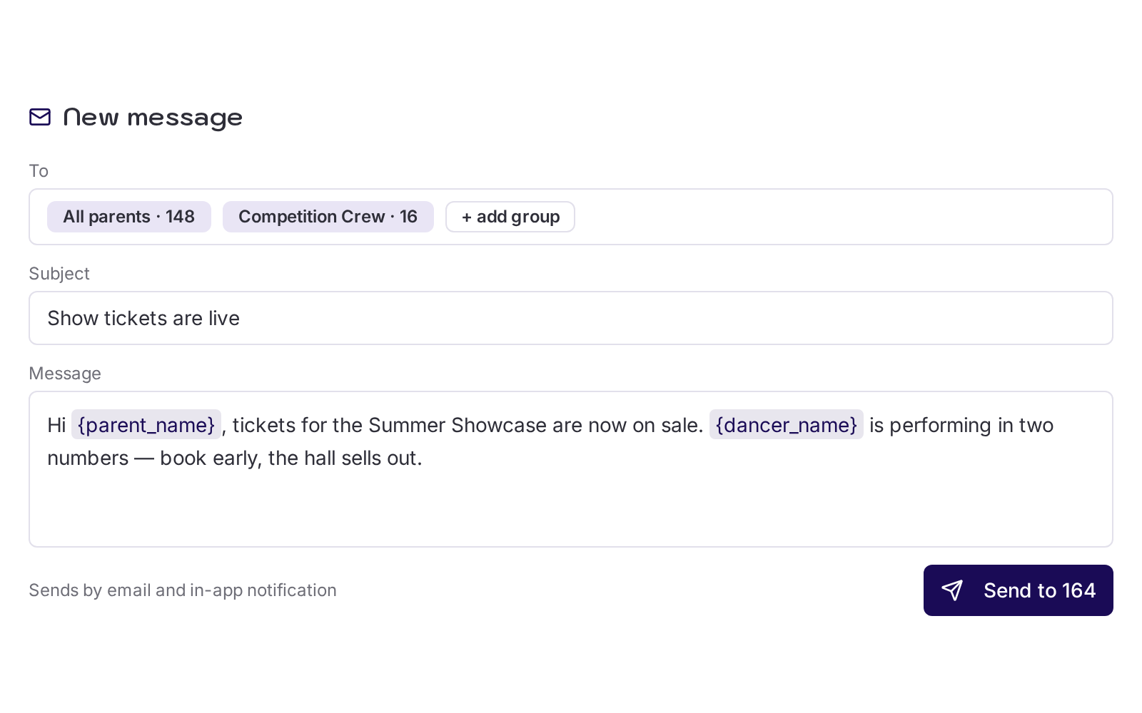 Compose message screen with recipient groups and merge fields