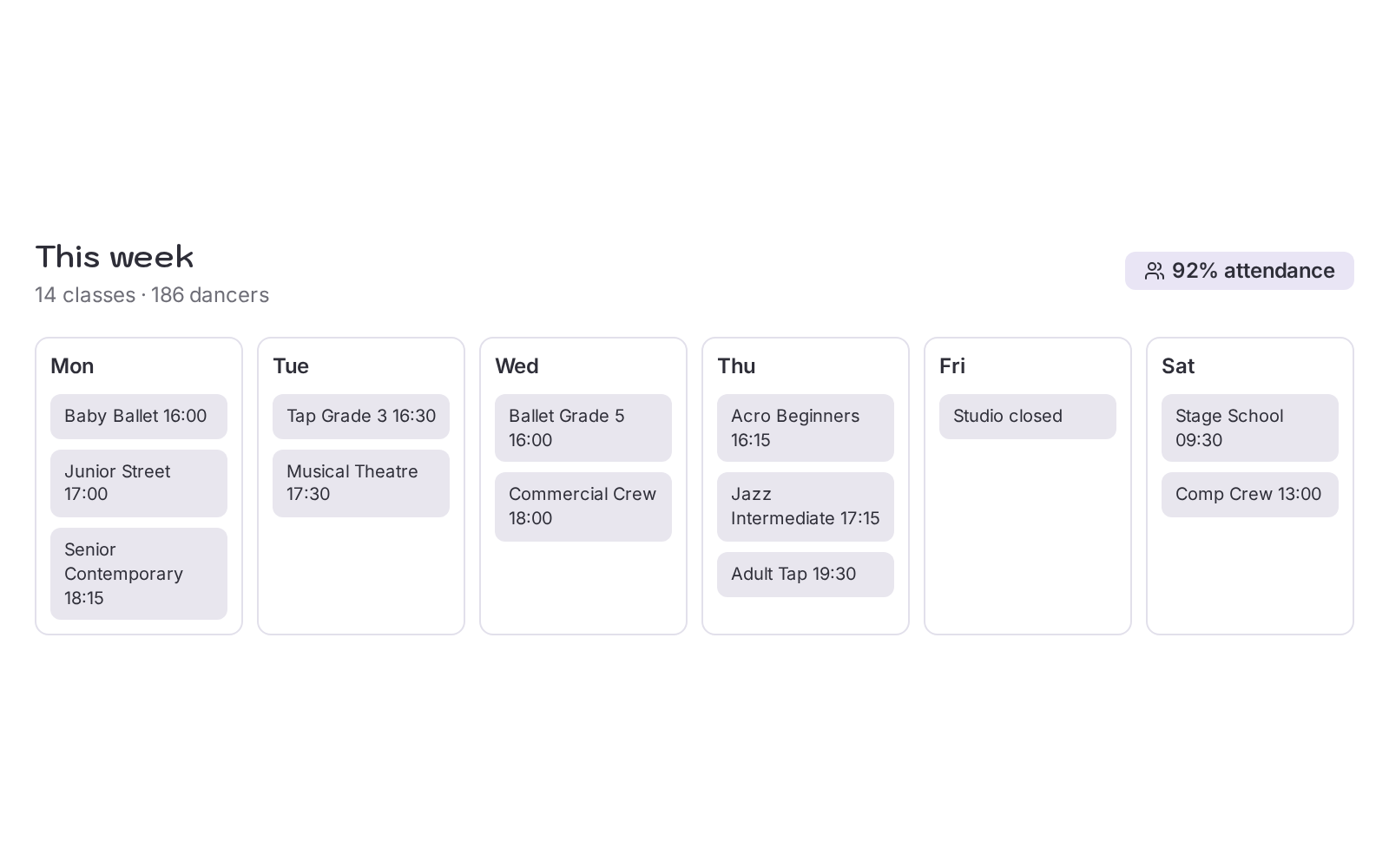 Dashboard weekly view showing classes scheduled on each day