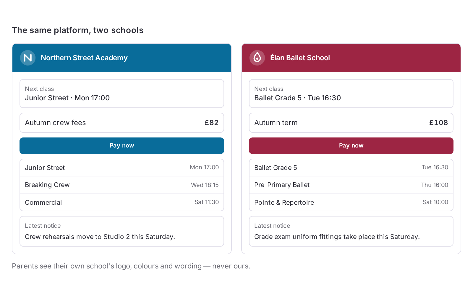 Two dance school portals with different branding running on the same platform
